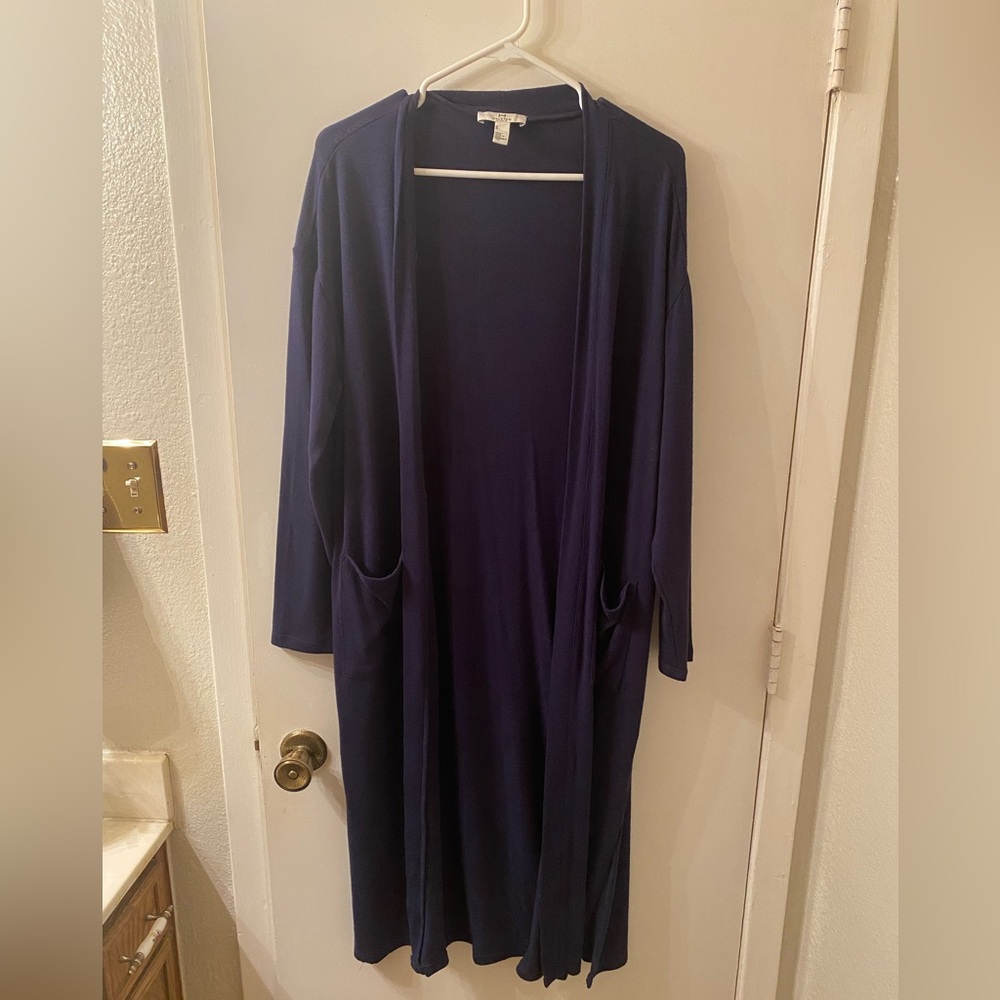 H Halston Navy Blue Open Front Cardigan Duster with Pocket - Picture 2 of 7